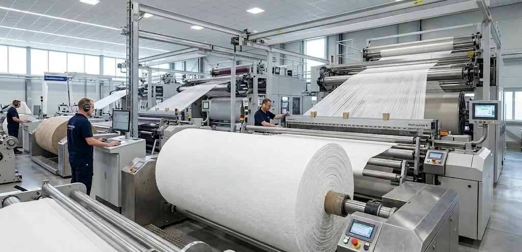 Witte badstof op rol in een fabriekshal met medewerkers en machines