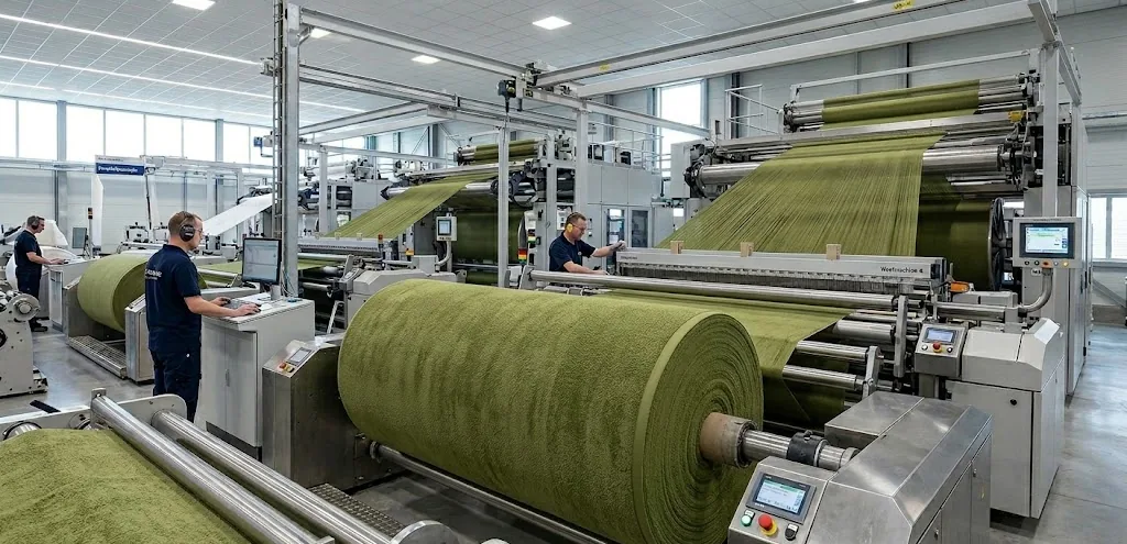 Groene badstof op rol in een fabriekshal met medewerkers en machines